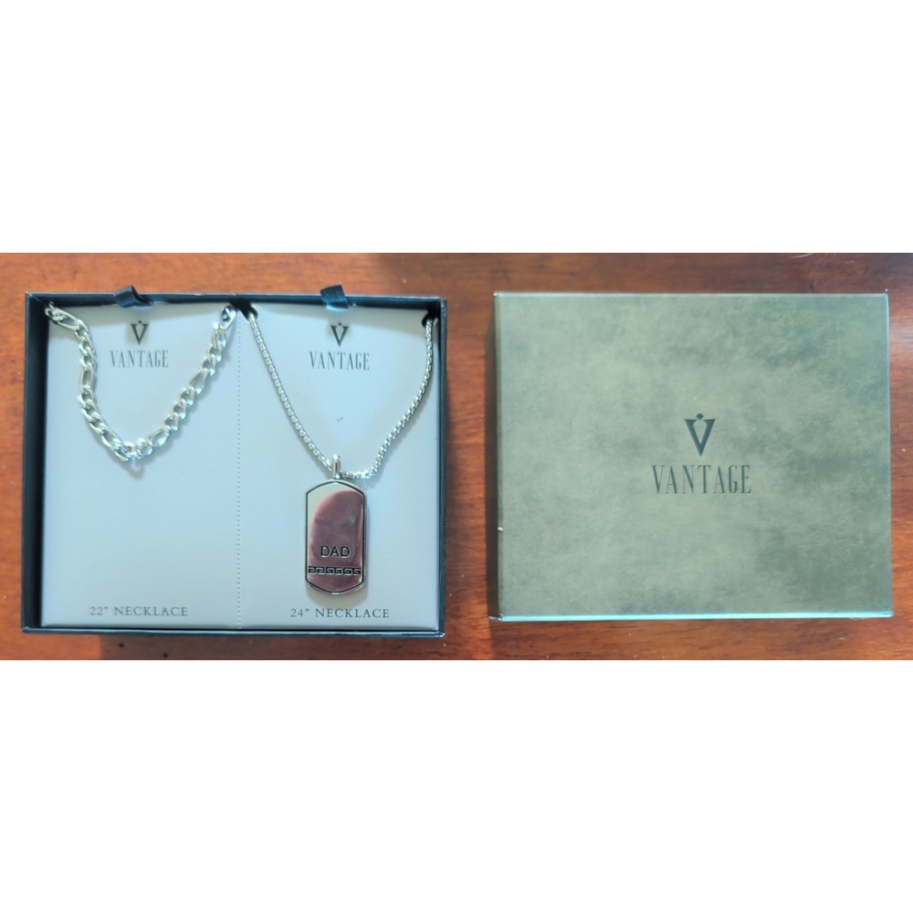 Vantage Mens STS Dad Silver Tone Set 2 Chain 1 Dogtag Necklace 22 24 Inch